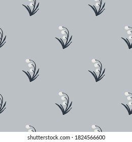 Minimalistic seamless pattern with pale forest white berries elements. Grey background. Decor cartoon vintage artwork. For fabric design, textile print, wrapping, cover. Vector illustration.