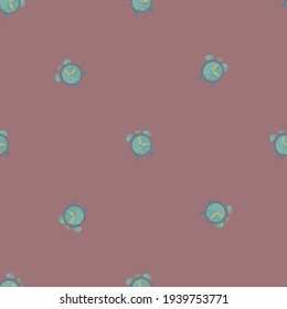 Minimalistic seamless pattern in pale tones with blue little alarm clock print. Pink dark background. Decorative backdrop for fabric design, textile print, wrapping, cover. Vector illustration.