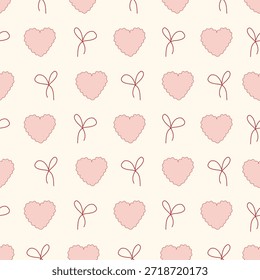 Minimalistisches, nahtloses Muster mit rosa Herzen und roten Schleifen. Zarter romantischer Druck für Textilien und Verpackungen.