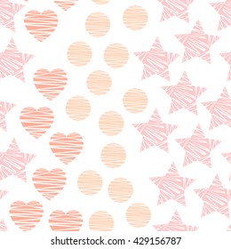 Minimalistic seamless pattern with pink hearts, stars, and dots on white background. Vector illustration for home and fashion design. Baby shower, invitations, linens, textile.