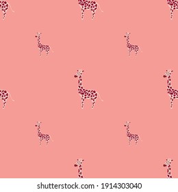 Minimalistic seamless pattern with purple hand drawn giraffe shapes. Pink bright background. Graphic design for wrapping paper and fabric textures. Vector Illustration.