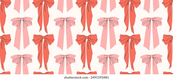 Minimalistic seamless pattern with red and pink flat decorative bows for gifts, for hair on white background. Vector illustration EPS10 for wallpaper, banners, fabric, packaging, notebook.