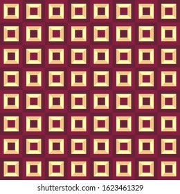 Minimalistic seamless pattern with red and yellow abstract squares for decoration design. Classic combination of purple and burgundy. Geometric mosaic with illusion of volume for any design purposes.