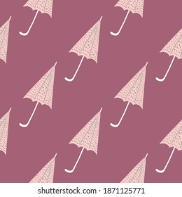 Minimalistic seamless pattern with seasonal accessory ornament. Pink umbrellas on dark violet background. Decorative backdrop for fabric design, textile print, wrapping, cover. Vector illustration.