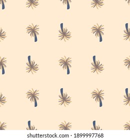 Minimalistic seamless pattern with simple hand drawn palm tree beach ornament. Pastel pink background. Graphic design for wrapping paper and fabric textures. Vector Illustration.