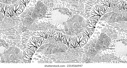 Minimalistic seamless pattern. Simple line vector graphics. Lines, dots, hatching and silhouettes. Trees, nature, water.