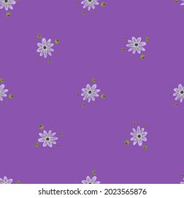 Minimalistic seamless pattern with simple style little flower silhouettes print. Pastel purple background. Flat vector print for textile, fabric, giftwrap, wallpapers. Endless illustration.