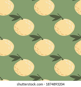 Minimalistic seamless pattern with stylized citrus mandarin silhouettes. Light yellow shapes on green background. Perfect for fabric design, textile print, wrapping, cover. Vector illustration.