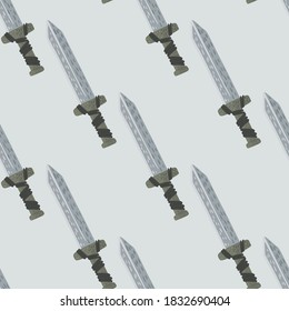 Minimalistisches nahtloses Muster mit Schwertverzierungen. Handgezeichnete graue Farbtonhintergründe im mittelalterlichen Stil. Perfekt für Stoffdesign, Stoffdruck, Umhüllung, Cover. Vektorgrafik.