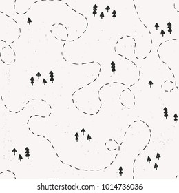 Minimalistic seamless pattern with trees and pathway. Vector illustration