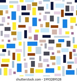 Minimalistic Seamless Patterns. Multicolored bright cheerful rectangles and stripes on a white background. Suitable for printing on stationery, paper, wallpaper, fabric, curtains, interiors