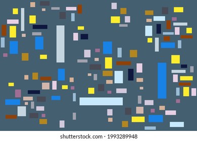 Minimalistic Seamless Patterns. Multicolored bright cheerful rectangles and stripes on the sea background. Suitable for printing on stationery, paper, wallpaper, fabric, curtains, interiors.