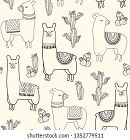 Minimalistic seamless repeat pattern with cactus and decorated llamas wearing patterned blankets with tassels. Friendly happy alpacas for gender neutral nursery, kids, young adult packaging home decor