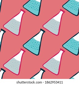 Minimalistic seamless science pattern with blue glass bulb ornament. Pink background. Medicine tools shapes. Decorative backdrop for wallpaper, textile, wrapping, fabric print. Vector illustration.