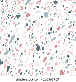Minimalistic seamless Terrazzo pattern. Vector hand drawn illustration of a cut stone in pastel colors. A simple background is ideal for printing, textiles, fabric, wallpaper, wrapping paper