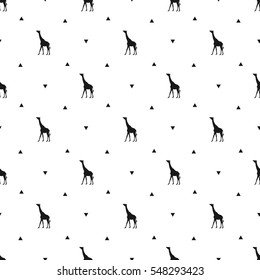 Minimalistic seamless texture with giraffes. Black silhouettes of giraffes on a white background. Repeated pattern. It can be used as wallpaper, upholstery, wrapping, fabric or your design.