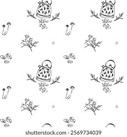 Minimalistic seamless vector pattern with cozy winter vibes, teapot, mushrooms, greenery and cranberry. Hand drawn doodle.