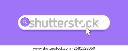 Minimalistic search bar with a rounded design on blue background. Web ui design element for web site or browsers. Text field with search button and click arrow. Vector illustration.