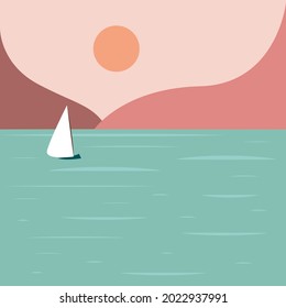 Minimalistic seascape. Image of sailing boat against background of mountains. Cruise. Fashionable boho print. Background for printing on T-shirts, packaging of goods. Vector illustration, hand-draw