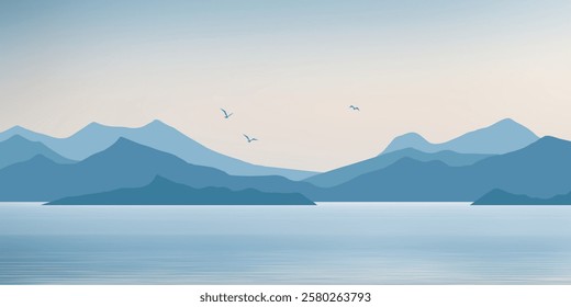 Minimalistic seascape, rocky shores and a flock of birds, vector illustration