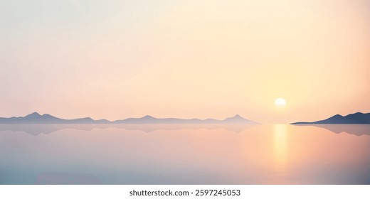 Minimalistic seascape, sea sunset, setting sun, vector illustration
