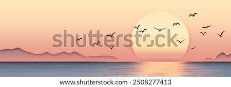 Minimalistic seascape, sea sunset, setting sun, vector illustration