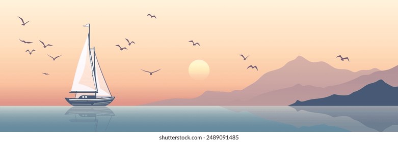 Minimalistic seascape, sea sunset, yacht and setting sun, vector illustration