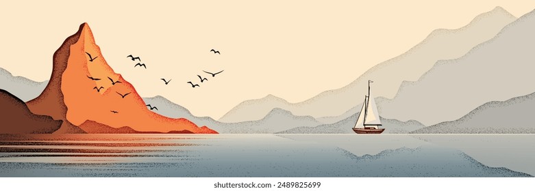 Minimalistic seascape, sea sunset, yacht and rocky island, vector illustration