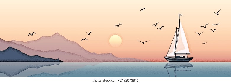 Minimalistic seascape, sea sunset, yacht and setting sun, vector illustration