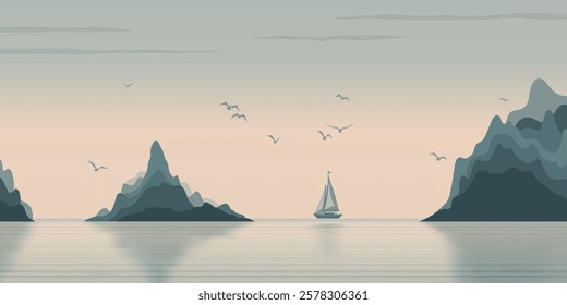 Minimalistic seascape, sea sunset, yacht and rocky island, vector illustration