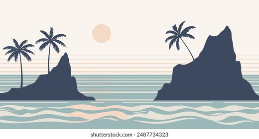 Minimalistic seascape, stylized sea, islands and palm trees, setting sun, vector illustration