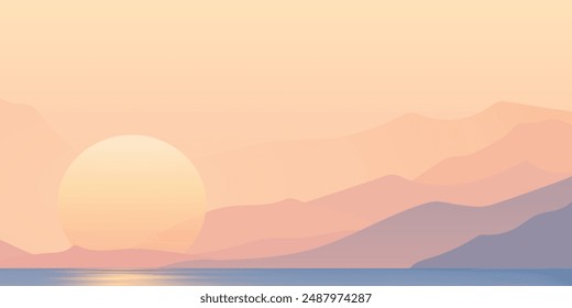Minimalistic seascape, stylized sea sunset, setting sun, vector illustration