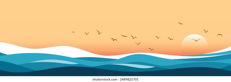 Minimalistic seascape, stylized sea sunset, setting sun, vector illustration