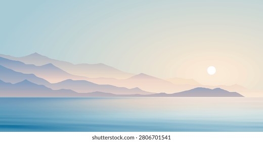 Minimalistic seascape, stylized sea sunset, setting sun, vector illustration