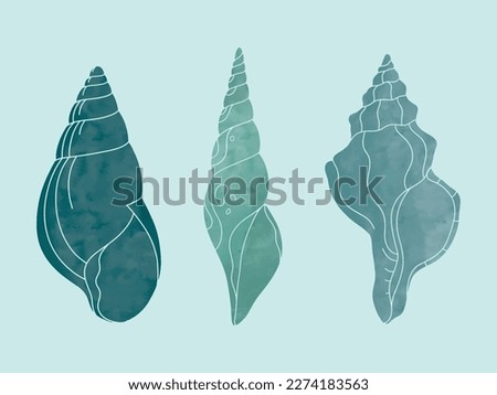 Minimalistic seashells hand drawn doodle silhouette with watercolor background. Marine illustration set of ocean shells isolated on blue background