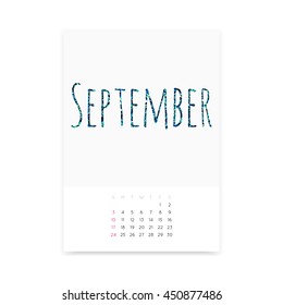 Minimalistic September 2017 calendar vector mockup. Shiny green blue glitter title. Week starts from Sunday.