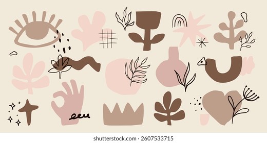 A minimalistic set of abstract organic shapes, including eyes, hearts, and line drawings. The composition is in beige muted tones on a light background.