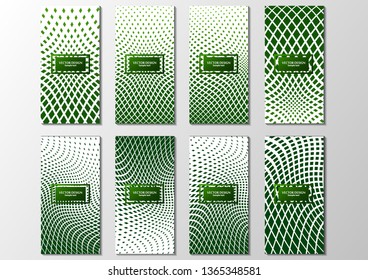 Minimalistic set of abstract posters with halftone geometric pattern. Covers template collection with graphic elements of figures. Applicable for brochures, posters, covers and banners