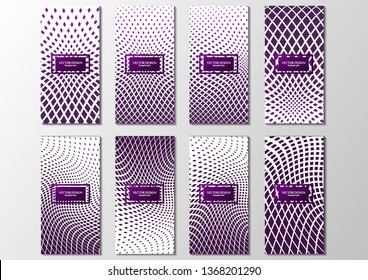 Minimalistic set of abstract posters with halftone geometric pattern. Covers template collection with graphic elements of figures. Applicable for brochures, posters, covers and banners. 