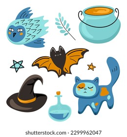 Minimalistic set with animals and attributes of witchcraft and Halloween in blue, turquoise and orange colours