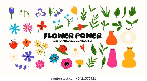 Minimalistic set of botanical elements of flowers and plants stickers in doodle style, hand drawn. Flower bouquets, grass, leaves, vases. Various abstract natural shapes and doodles