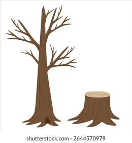 Minimalistic set featuring a bare tree and a stump with smooth surface and visible rings. Natural tones and clean lines perfect for storytelling, seasonal themes, and rustic design projects. Vector