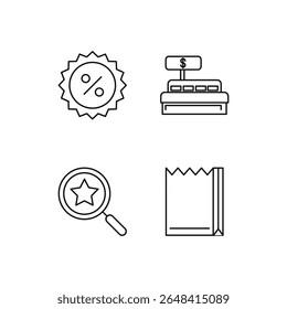 A minimalistic set of four outline icons representing shopping and commerce: a percentage discount badge, a bed with a price tag, a magnifying glass with a star inside (indicating a featured product o
