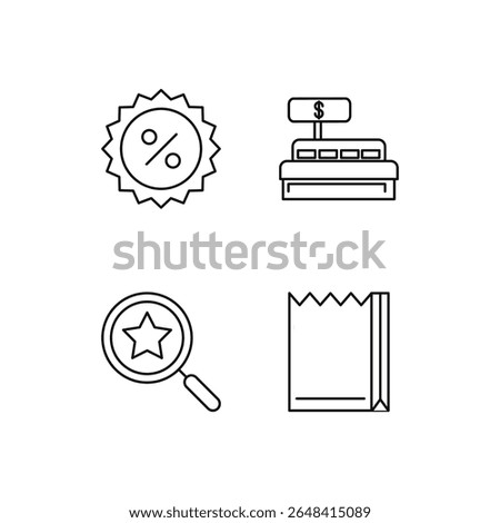 A minimalistic set of four outline icons representing shopping and commerce: a percentage discount badge, a bed with a price tag, a magnifying glass with a star inside (indicating a featured product o