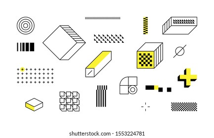 Minimalistic set geometric forms. Elements design. Memphis vector. Popular shapes cross circles lines squares triangles dots objects