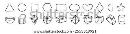 A minimalistic set of geometric shapes like cubes, circles, triangles, and rhombuses, hand drawn in an isometric style, perfect for learning, education, and design exploration.