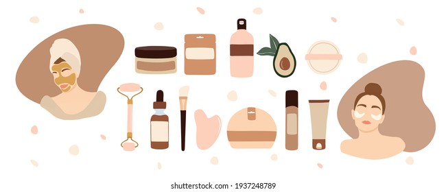 Minimalistische Illustrationen von Schönheitspflege, Cremes und Tonmasken, Anti-Aging-Cremes und Avocado für Aufkleber, Embleme und soziale Netzwerke