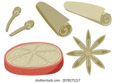 Minimalistic set illustrations of mulled wine spices. Orange, cloves, anise star, cinnamon stick