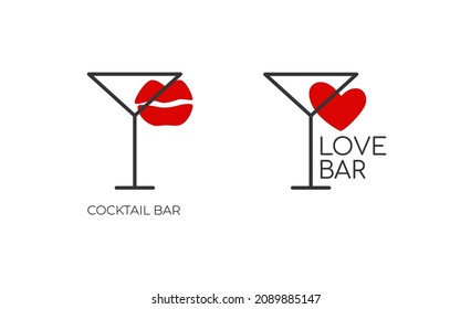 A Minimalistic Set Of Logos For An Alcoholic Bar, Shop, Restaurant. A Martini Glass On A White Background With The Inscription 