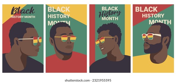 Minimalistic set posters of vector portraits men with glasses. Black History Month and African American History.Vector illustration.